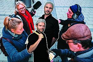 Junge Menschen mit Audioset und Kopfhörern als Fotomontage