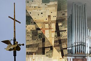 EIn dreigeteiltes Bild mit einem Kreuz links, einer Kirchenwand in der Mitte und einer großen Orgel rechts