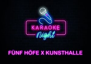 Karaoke Night als Leuchtschrift mit Mikrofon vor schwarzem Hintergrund