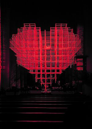 HEART Installation rot beleuchtet vor schwarzem Hintergrund