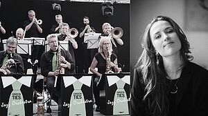 Links sieht man spielende Jazz-Musiker auf der rechten Seite ein Porträt von Lea Reichel